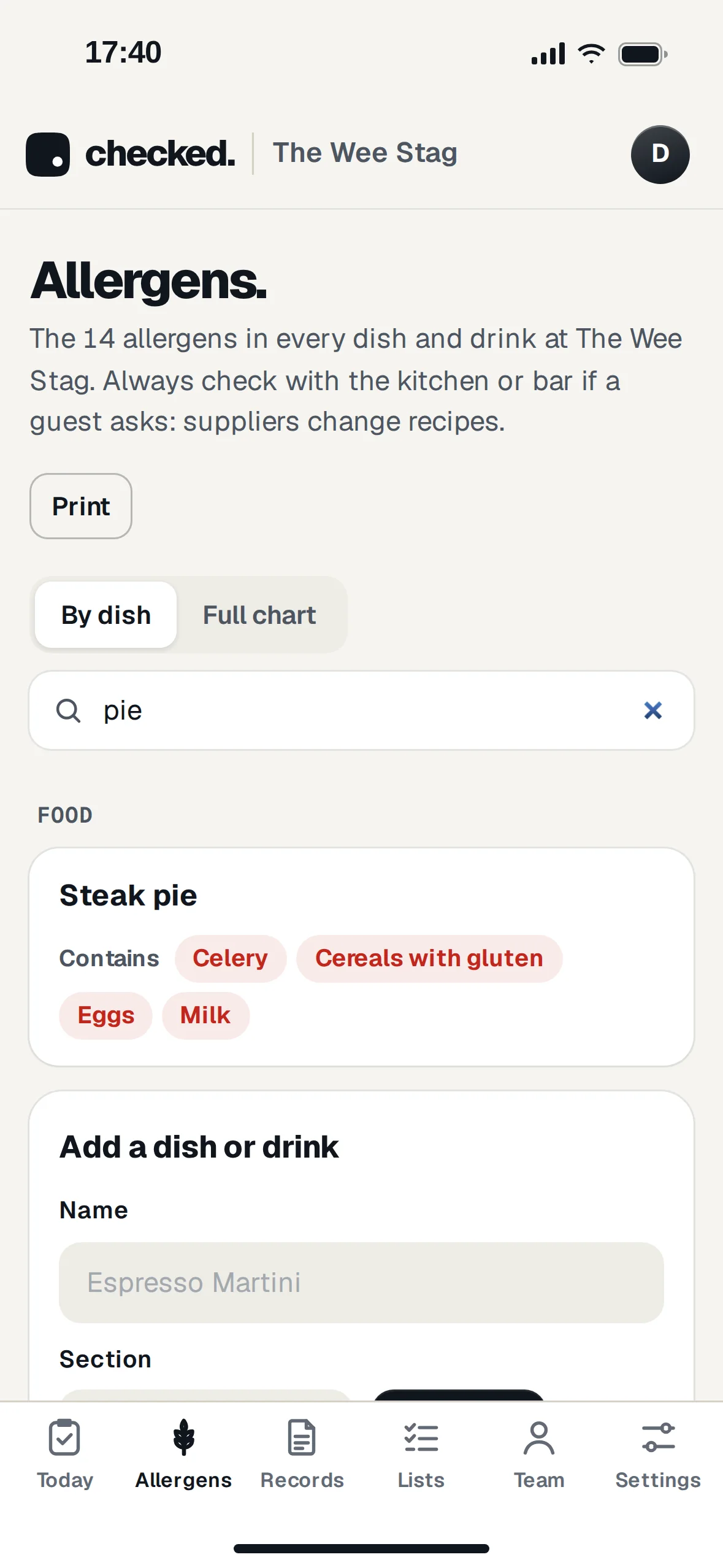 Allergens on a phone: a search for pie shows the steak pie contains celery, cereals with gluten, eggs and milk