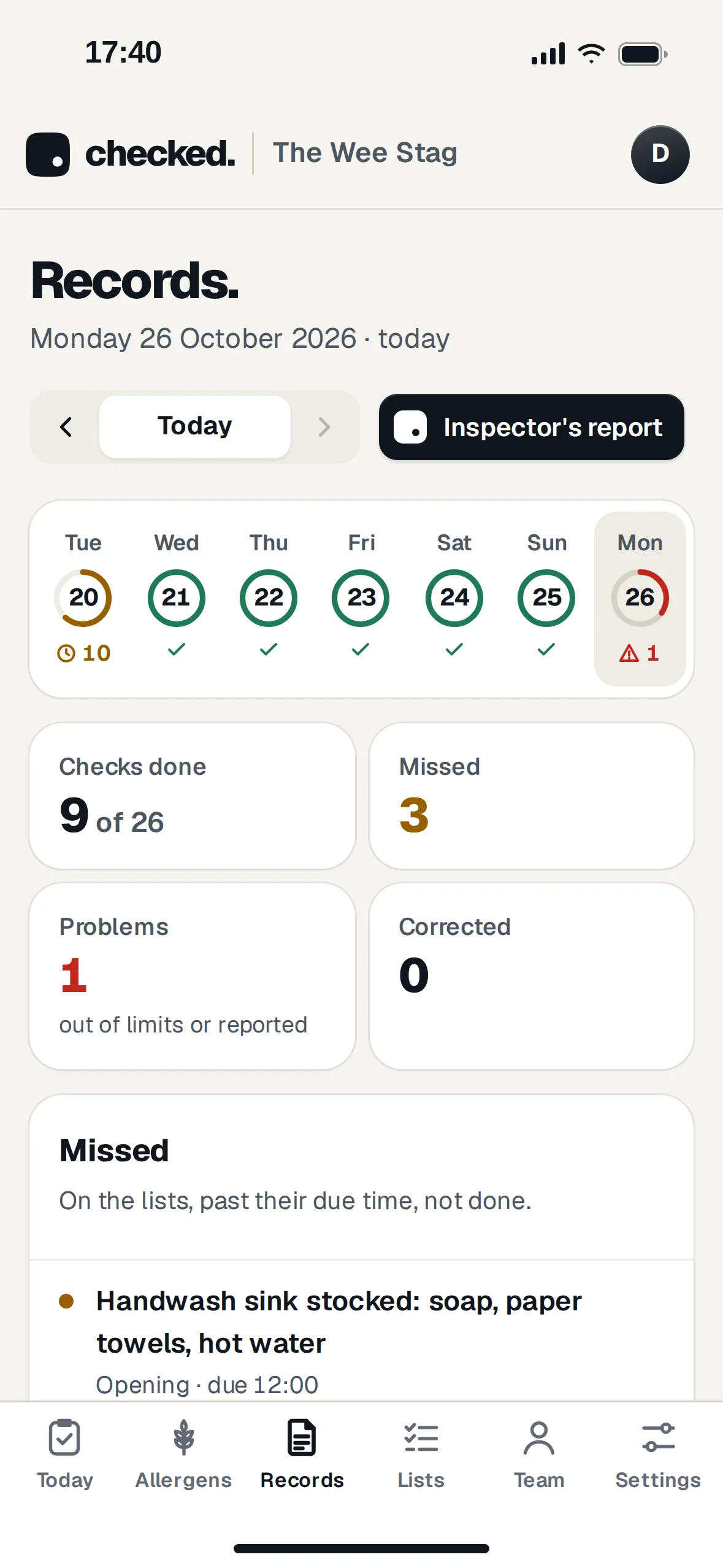 Records on a phone: the last seven days as rings, with All done, 10 missed or 1 problem under each day