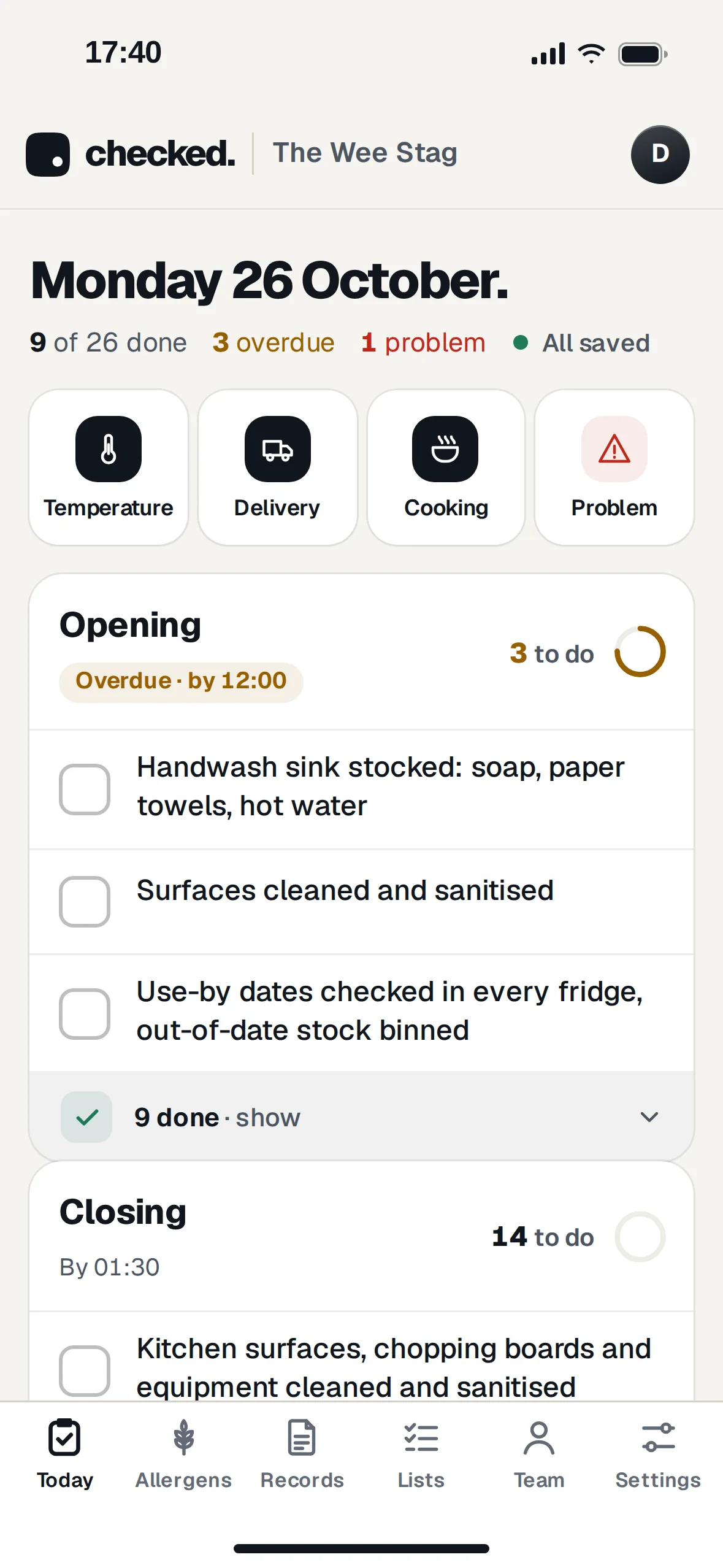 Checked on a phone: today's date, 9 of 26 done, 3 overdue, 1 problem, four buttons for temperature, delivery, cooking and problem, then the opening list with three checks left